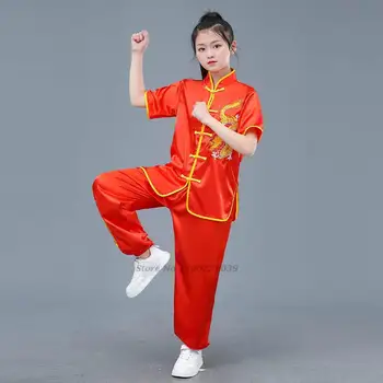  2022 китайски ретро комплект за кунг-фу, детски комплект за тайчи ушу кунг-фу, комплекти за бойни изкуства, определени за състезания с бродерия на дракона
