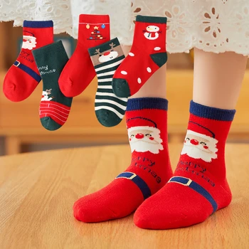  5 двойки/лот, детски чорапи за есен-зима за момичета и момчета, чорапи-тръбички с участието на Дядо Коледа, червени Коледни памучни чорапи за деца