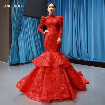  J66676 jancember елегантни вечерни рокли на русалка с дълъг ръкав рокля червена булка, сватбени рокли за партита vestidos de fiesta de noche