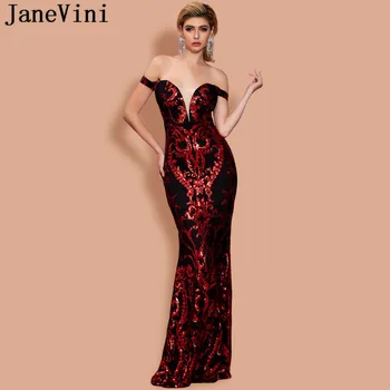  JaneVini 2020 Модни Дамски Рокли За Абитуриентски Бал, Дълга Реколта Черни, Червени Вечерни Рокли На Русалка С Открити Рамене, Бродирани С Пайети, Официално Облекло За Партита