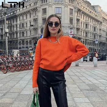  LTPH прости ежедневни дамски пуловери оранжеви пуловери вязаный топ с дълъг ръкав свободни меки топли улични скок 2021 есен новост