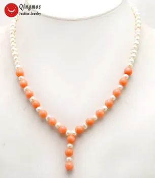  Qingmos Модно колие-chokers от естествени перли за жени с кръгли бели перли 6-7 мм и розов кораллом 17 