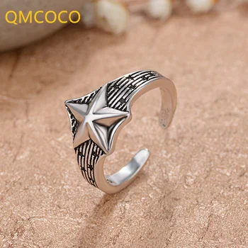  QMCOCO Сребърен Цвят Петолъчна Звезда Пънк Пръстен Ретро Направи по-Стар Шарен Дизайн Отворено Регулируем Пръстен За Жени, Мъжки Бижута На Пръст