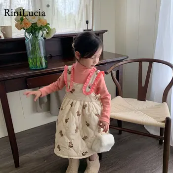  RiniLucia/Детски дрехи 2022, Есенно-зимни модни дрехи за момичета, памучни Панталони с Подплата в корейски стил, Трапециевидное Хубава Рокля за момичета