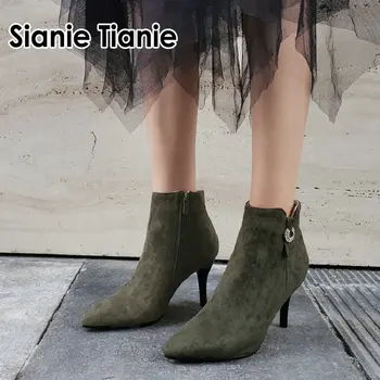 Sianie Tianie/2020 г., дамски обувки от флока цвят на зехтин на тънък висок ток с остър пръсти, женски ботильоны на висок ток, дамски обувки, размер 33-48