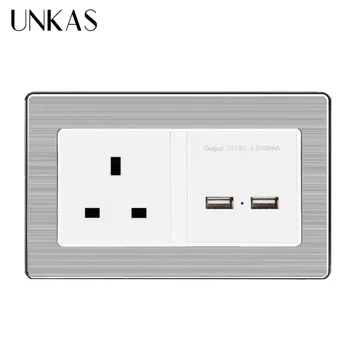  UNKAS 146 * 86 мм Изход Британски стандарт С двойно USB порт За Зареждане на Мобилни Устройства 5 2.1 A Електрическа Розетка От Неръждаема Стомана