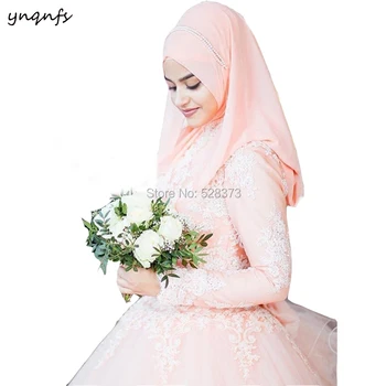  YNQNFS MW8 Исляма/Мюсюлманската Сватбена рокля. → Рокли Турция Abiye Robe de Mariee С Дълъг Ръкав Перлено-Розови Рокли на Шаферките 2019
