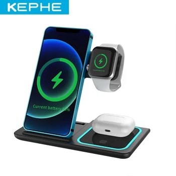  Безжична поставка за зарядното устройство KEPHE 3 в 1 Qi 15 Вата Бързо зарядно устройство ще захранване на зарядно За Apple Watch iWatch 6 5 4 AirPods iPhone 12 11 X XR