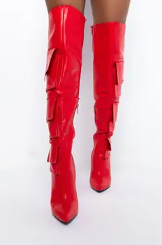  Дамски червена дълга зимни обувки, ботуши над коляното, пикантен дамски червени ботуши с джоб, дизайнерски ботуши на висок ток-висок ток, женски, плюс