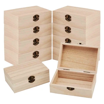  Дървена кутия с 10 опаковки с панти капак и закопчалка, малка дървена кутия, здрава елегантна за бродерия, за съхранение на бижута, 6 x 4 x 2.3 инча