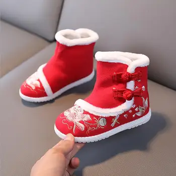  Зимни обувки за момичета в китайски стил, нови обувки за Деца с бродерия за момичета с Анимационни герои, Есенна детски обувки Hanfu, Плюшен Топли обувки за момичета