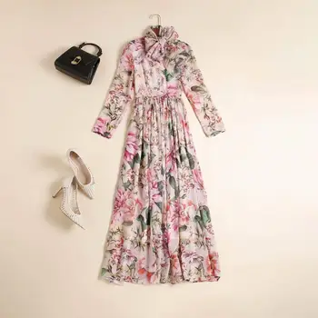  и американската дамски европейската облекло 2021 лятото нов стил Дълъг ръкав цветен принт шал около врата Модно розово плиссированное рокля