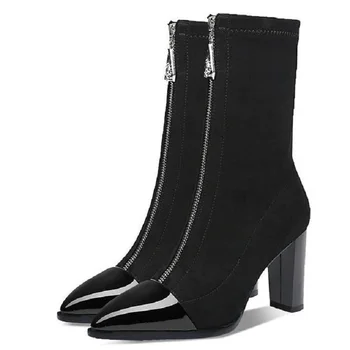  Къси ботуши на дебелите ток, жените есенно-зимни Нови Модни обувки с остри чорапи, черни, Еластични Ботуши на средно висок ток