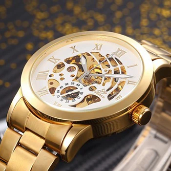  Луксозни Бизнес Златни Часовници Мъжки Часовници С Виртуален Скелет Автоматични Механични Ръчни Часовници Е От Неръждаема Стомана Мъжки Часовник Reloj Hombre