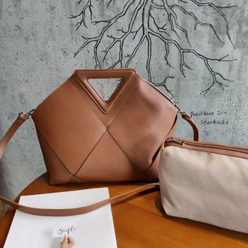  Нова Дамски Модни Триъгълна Тканая Чанта, Кожена Темпераментен Чанта С Голям Капацитет, Бизнес Чанта На Едно Рамо За Пътуване До Работа