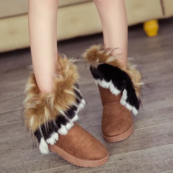  Нови стилни Зимни ботуши, Дамски Топли зимни ботуши на средна дължина, Зимна Топла памучен дамски обувки с имитация на лисьего кожа, дамски обувки, дамски обувки