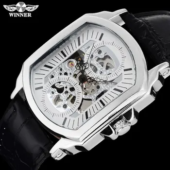  ПОБЕДИТЕЛ 2016 г. известна марка мъжки луксозни автоматични часовници за самостоятелно ликвидация скелет правоъгълен циферблат от прозрачно стъкло сребърен корпус, кожена каишка