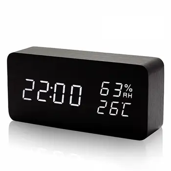  Правоъгълен alarm clock, Wooden Цифрови Настолни Часовници Led Алармата за Спалня Нощни Звуков Контрол Цифров Часовник Календар Термометър