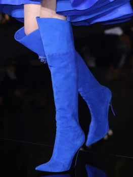  Сини велурени ботуши с модел за Подиум, чубрица ботуши над коляното на висок ток-висок ток с остър пръсти, Модни Дамски Обувки на Тънък Висок ток