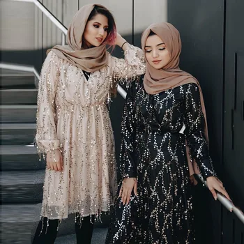  Франция, Канада, свободно двухслойное рокля с пайети и пискюли голям размер, мюсюлманската секси къса рокля със средна дължина, рокля за посещение на ислямската джамия