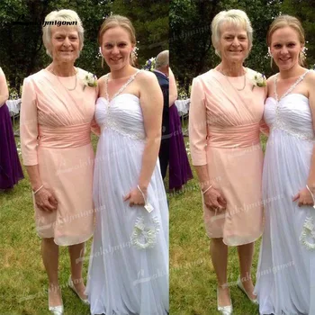  Шифоновые рокли за майката на булката с гънки в три четвърти Панталони, с дължина до коляното, Винтажное Вечерна рокля за Сватбени партита 2021