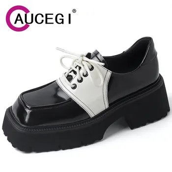 Aucegi/ Дамски обувки-лодка на платформата с квадратни пръсти в британския стил в стил пънк, Лоферы дантела, Модни Своеобразна Обувки от естествена Кожа