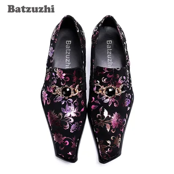  Batzuzhi/ модни мъжки модела обувки в японски стил, черни велурени бизнес обувки с квадратни пръсти и цветисти принтом, мъжки вечерни и булчински обувки, 12 долара