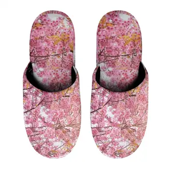  Cherry Blossom Sakur (3) Топли Памучни Чехли За мъже И Жени, Нескользящая Космати Обувки върху дебела подметка, Домашни чехли от естествена кожа