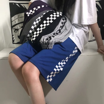  ins летни спортни шорти дамски свободни корейски Harajuku диви студентски хип-хоп, Ретро шахматната дъска, широки панталони за Двойки