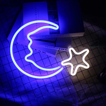  Wanxing Декоративна Луна Звезда Неонови Надписи Синя Led Лампа Стенен Арт Декор за Детска Спалня Декорация на Дома Стаите Рожден Ден на Коледа