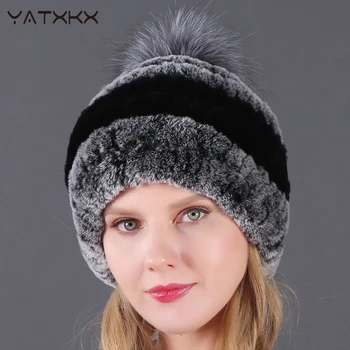  [YaTxKx]Winter Fur Real Hat Hot Sale Natural Rex Rabbit Fur Warm Cap Ladies Knitted жилетка дамски топло
