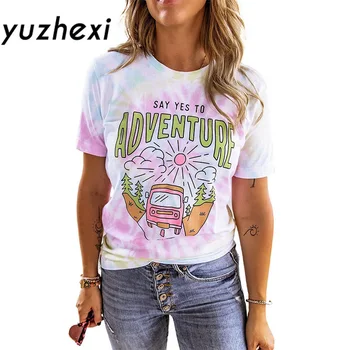  YUZHEXI вратовръзка боядисват тениска с къс ръкав дамски ежедневни градинска дрехи с принтом основни тениски летни дрехи за момичета