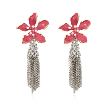  ZA обеци с цветя пискюл в европейския и американския стил, обеци с перли, инкрустиран с маслени бои, женски.
