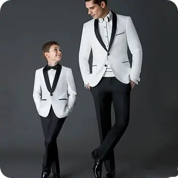  Бели Детски Сватбени костюми, Черни Панталони, Оборудвана Костюм За Момче, Детски официалната дрехи (яке + панталон + папийонка)