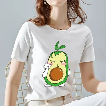  Дамски модни тениска, лятна бяла Универсална мека и сладка блуза по образец от авокадо, ежедневни дамски риза с къси ръкави