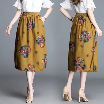  Дамски памучен лейси пола в ретро стил с флорални принтом, стрейчевая ежедневни миди полата с висока талия