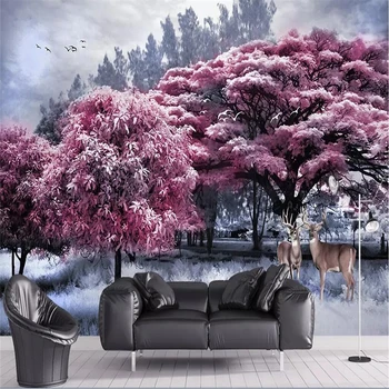  Декоративни тапети Красив розов гората дърво лосове пейзаж на фона стенни живопис