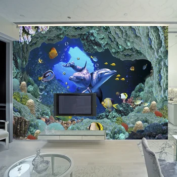  Делфините 3d триизмерна голям стенопис разтегателен телевизия тапети, стенни живопис с нестандартни размери