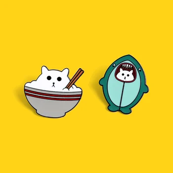  Домашен любимец котка Забавно акула Креативна брошка Индивидуалност брошка на жени икона емайл котка в купа Вкусна Храна Нагрудная Жени BadgeJewelry