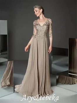  Елегантна Сватбена рокля цвят Шампанско с Кружевными апликации и Дълъг Ръкав До Половината Сватбена Рокля За гости femme robe de soiree