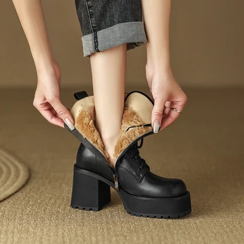  Зимни обувки, обувки на платформа От телешка кожа, Модерен Дамски обувки на висок ток от естествена кожа; дамски обувки дантела ; дамски обувки