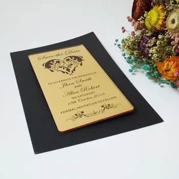  Индивидуални 100*180 мм златни огледално Акрилно сватбени картички с датата, сватбени сувенири (1 лот = 100 бр.)