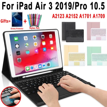  Калъф със сензорен панел и Клавиатура За iPad Air 3 2019 Pro 10,5 3-то Поколение, Държач За Моливи, Кожен Мек Калъф Силиконов, Отсоединяемый Bluetooth