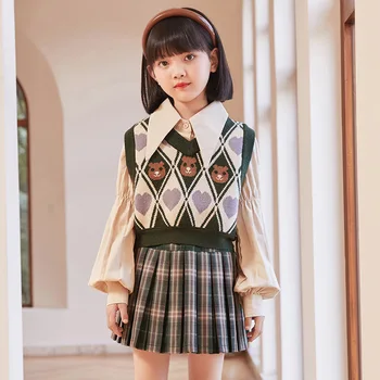  Корейската детски дрехи, пролетно-есенна риза за момичета, жилетка, плиссированная пола, костюм от три елемента за момичета в западен стил, пола