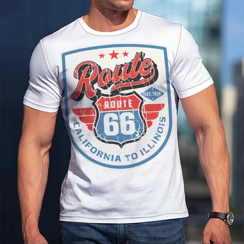  Летни Нови Тениски с писмото принтом America Route 66, Универсални Свободни мъжки Модни Тениски с къс ръкав и Кръгло деколте, Ежедневни мъжки Блузи