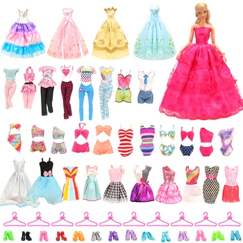  Мода Ръчно изработени 36 предмети/комплект Куклено аксесоари = 16 стоп-моушън Дрехи, Рокли, Бански костюми + 10 Закачалки + 10 стоп-моушън обувки За Игра на Барби
