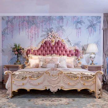  модерна европейска легло от масивно дърво Модни Резбовани кожена френски мебели за спалня king size jxj07