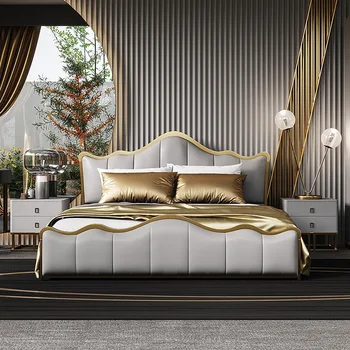  Модерна кожена легло италианската светла луксозна кожена легло постмодернистская спалня в гонконгском стил двойно легло сватбена легло