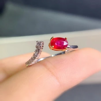  модно леко отворен пръстен с естествен скъпоценния камък, Пръстен с естествен червен рубин, сребърен пръстен S925, женски сватбен подарък за момичета, Бижута