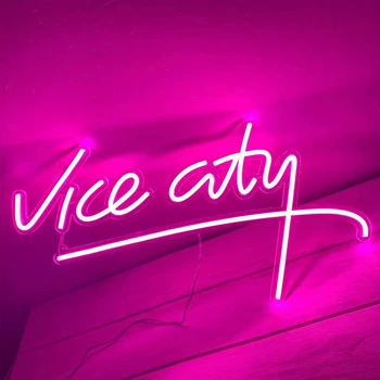  Неонова реклама с Vice City Led за Игри Стая Стенен Декор 45 см Прозрачна Акрилна Розово Неонова Светлина Означения за Спалня Гардероб По Поръчка на Писмо
